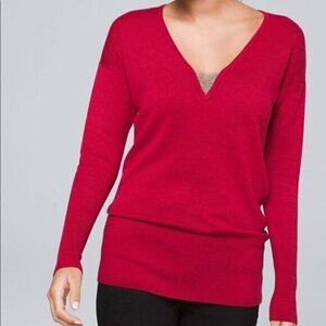 "NWT" White House Black Market Ball Chain V-Neck Tunic Wool Blend Red Sweater-XS